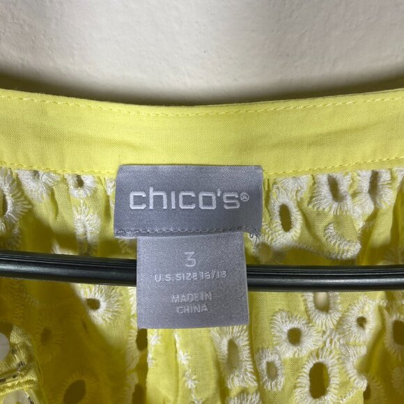 Chico’s Women’s Yellow Eyelet Embroidered Peasant Top Blouse 3 (16/18)! - Picture 5 of 7